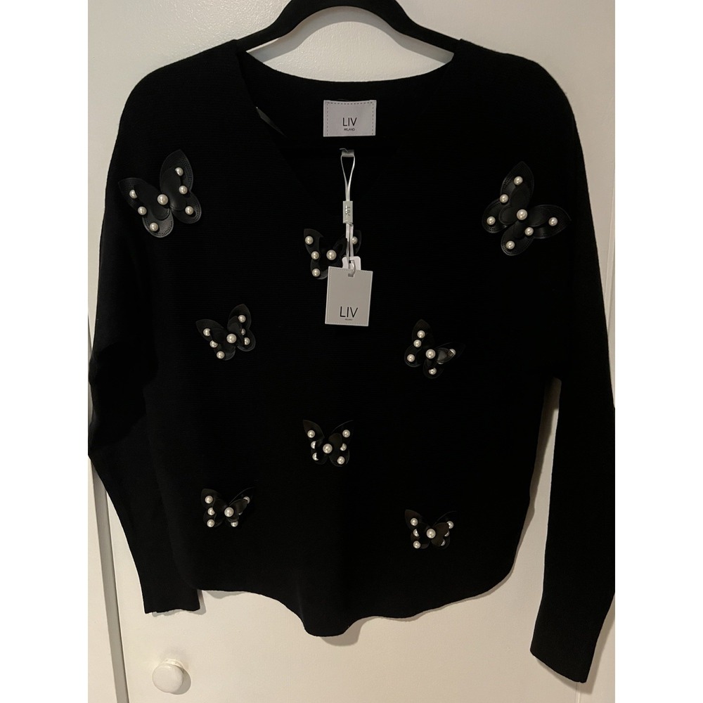 NWT LIV Milano Black V Neck Sweater Butterfly Leather Detail Womens Size Small